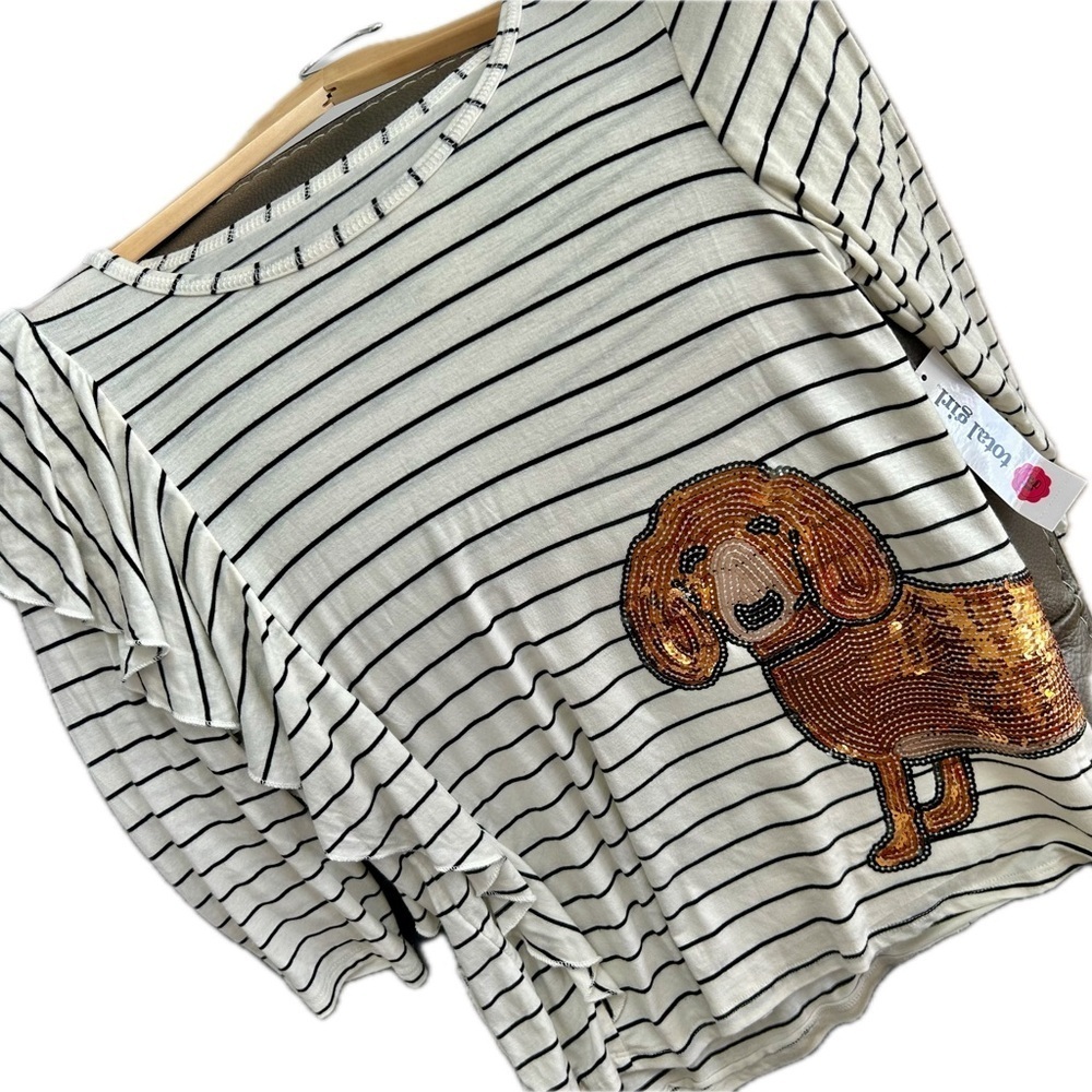 NWT Total Girl Striped Top with Sequin Beaded Dog Design Stylish Tops Size 16